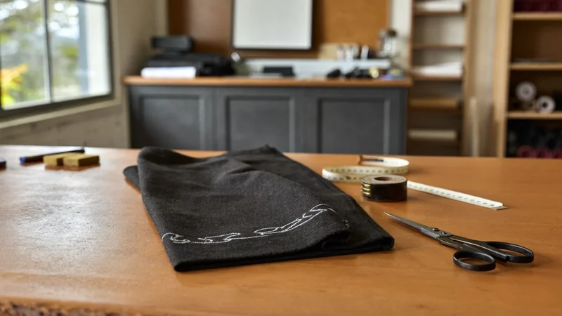 Dunkle Wollhose mit markiertem Saum, Schere und Maßband auf dem Tisch