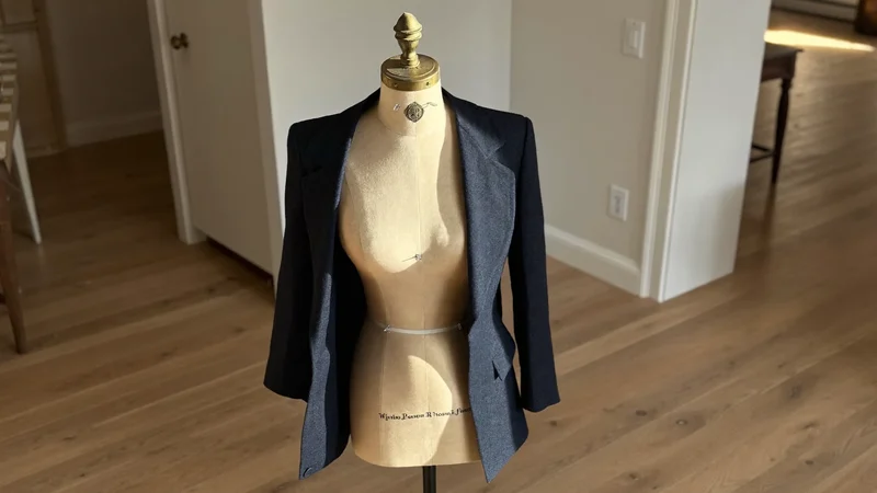 Marineblauer Blazer auf der Kleiderpuppe mit Stecknadeln an Taille und Ärmel