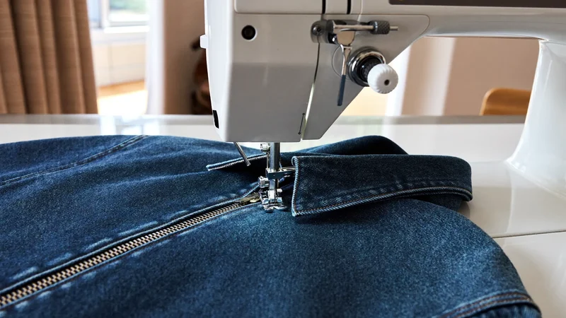 Jeansjacke unter der Nähmaschinennadel beim Austausch des Reißverschlusses